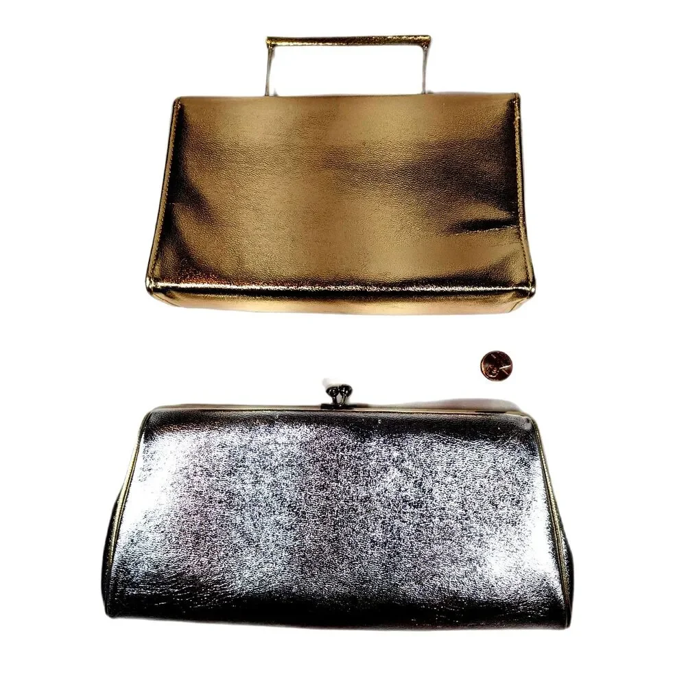 2 Vintage Purse Metallic Gold Silver Lame Convertible Clutch Evening Bag 1960s